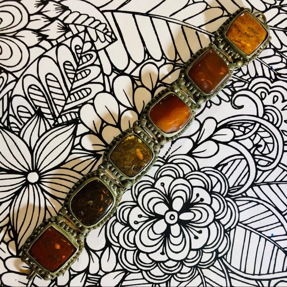 Vintage 80’s stone link bracelet jasper agate - Picture 2 of 5